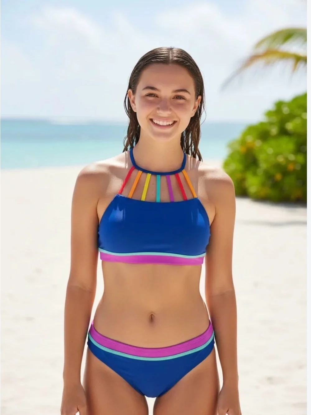 Hobie Blue High-Neck Bikini with Rainbow Strap Accents size 14 2 piece